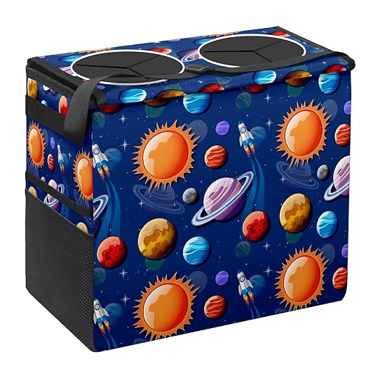 Car Trash Can Navy Blue Space Planets Art Large Storage Garbage Can with Lid Hanging for Back Seat Leakproof Automotive Vehicle Trash Bin