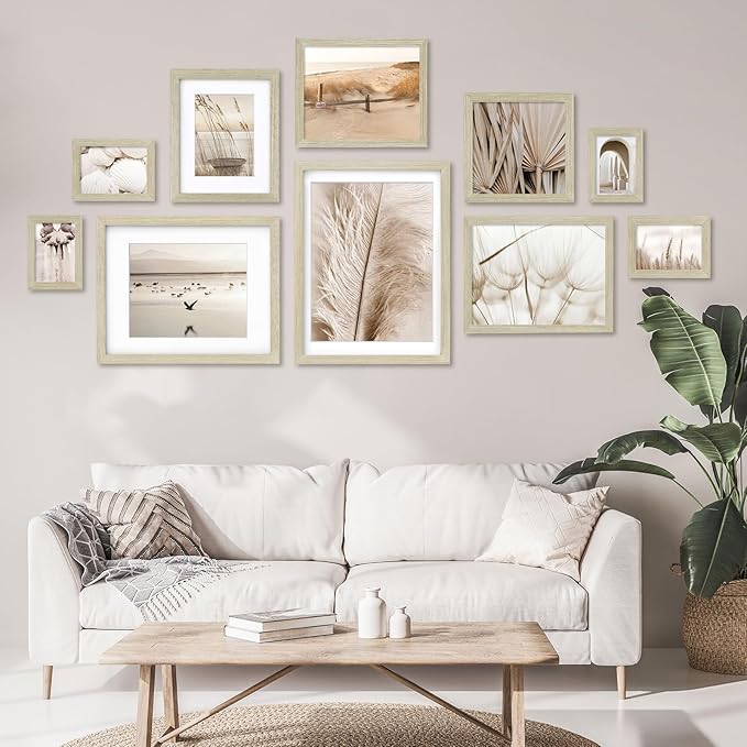 Egofine 11x14 Picture Frames Set of 4, Made of Solid Wood Covered by Plexiglass 5x7 and 8x10 with Mat or 11x14 without Mat, for Table Top Display and Wall Mounting Photo Frame Distressed Wood Grain