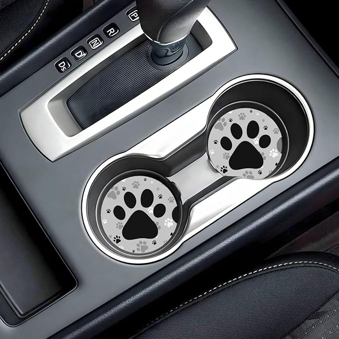 ABLESKY Car Coasters for Cup Holders, 2 Pack Absorbent Anti Slip Car Cup Holder Coasters, 2.56 Inch Ceramic Universal Size Auto Interior Accessories Women Men-Gray Dog Paw