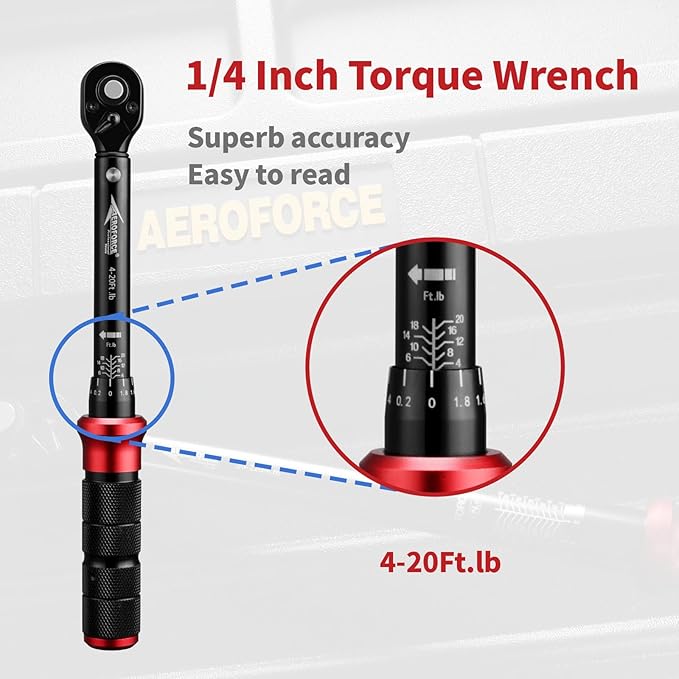 AEROFORCE 1/4-Inch Drive Click Torque Wrench (4-20 lb.ft / 5.4-27.2 Nm),72 Tooth Dual Direction Reversible Ratchet with Dual Range Scales, Precision Calibrated for Bikes & DIY