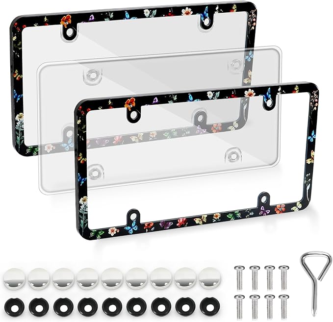 2pcs License Plate Protector Unbreakable License Plate Frames and Covers Set Front and Rear Clear License Plate Cover Butterfly Flowers License Plate Frames Fits Standard Us Plates with Screws Caps