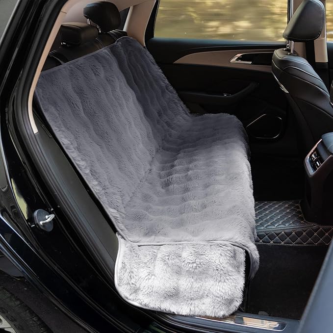 FUNNY FUZZY Fluffy Dog Car Seat Cover for Back Seat (Bench), Water-Resistant with Nonslip Backing,Pet Seat Protector for Cars SUVs Trucks（Gray