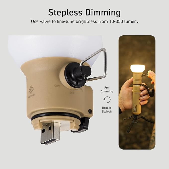 NESTOUT Rugged Outdoor Camping LED Lantern w/ Mini Tripod, Dimmable USB Powered Soft LED Light, IP44 Water Dust Resistant, 10-350 Lumen, Portable Lamp for Power Bank EDC Travel, LAMP-1 (Beige)