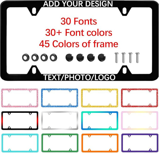 Personalized License Plate Frames Custom License Plate Holder with Your Text Logo Image 4 Hole License Plate Cover Design Stainless Steel Car Tag Holder Funny Car Gifts for Women Men
