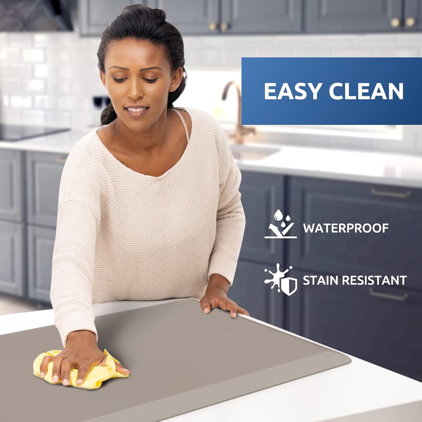 KitchenClouds Kitchen Mat Cushioned Anti Fatigue Kitchen Rug 17.3"x60" Waterproof Non Slip Kitchen Rugs and Mats Standing Desk Mat Comfort Floor Mats for Kitchen House Sink Office (Khaki)