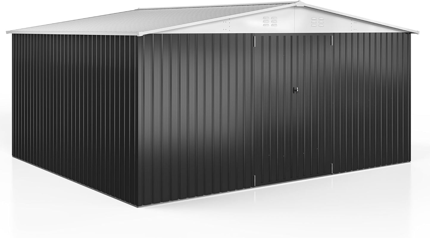 WKM 12x14 FT Outdoor Storage Shed, Utility Metal Tool Storage with Lockable Doors and Updated Frame Structure, Large Metal Garden Shed for Backyard, Patio Lawn, White