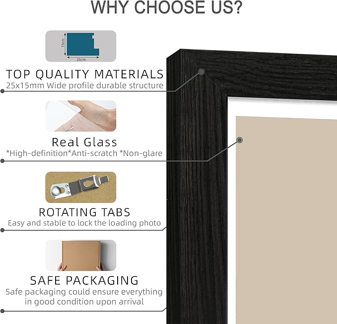 12x12 Picture Frame Set of 4 - Made of Glass and Rustic Black Wooden Frame, Display Square Pictures 10x10 with Mat or 12 x 12 without Mat, Desktop & Wall Collage Photo Frame