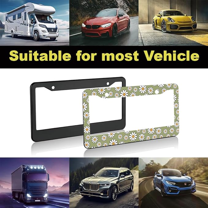 2pcs Retro Daisy Flowers Floral License Plate Frame for Women,Lime Green Vintage Plant car Decorative tag Frames Girly,Cute Green Floral License Plate Cover Holder for Vehicle with car Keychain tag