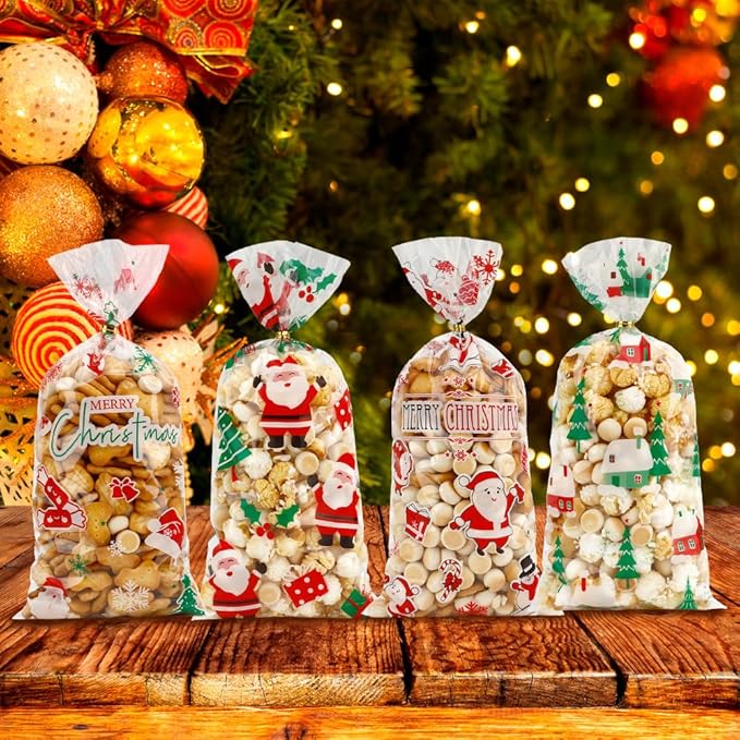 100 PCS Christmas Cellophane Treat Bags(5.1x10.6 Inch) with Ties Plastic Santa Goodie Candy Cookie Loot Gifts Bags Bulk Pouches for Christmas Party Favors Supplies Decorations Holiday Xmas Decor