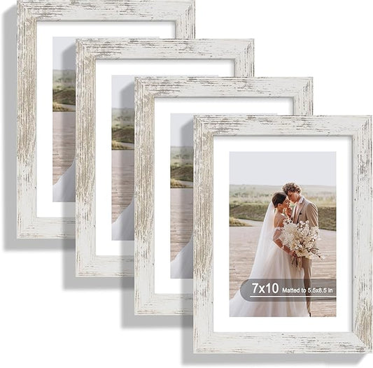 7x10 Picture Frame Set of 4, Made of Real Glass and Distressed White Frame - Display Picture 5.5x8.5 with Mat or 7x10 Without Mat, 7 by 10 Photo for Wall or Tabletop