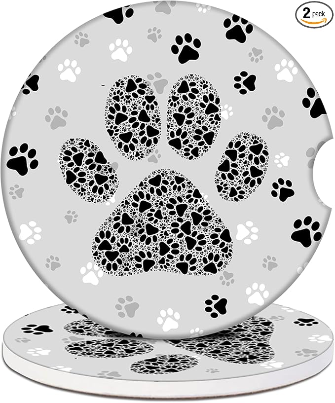 Car Cup Holder Coaster - Black and Gray Paws Absorbent Ceramic Coaster, Car Coasters for Cup Holders, Auto Accessories for Women & Men, Pack of 2