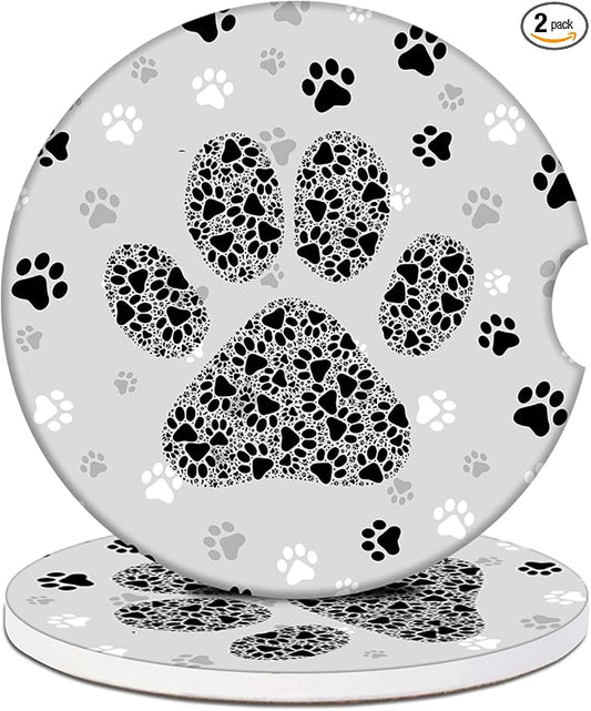Car Cup Holder Coaster - Black and Gray Paws Absorbent Ceramic Coaster, Car Coasters for Cup Holders, Auto Accessories for Women & Men, Pack of 2