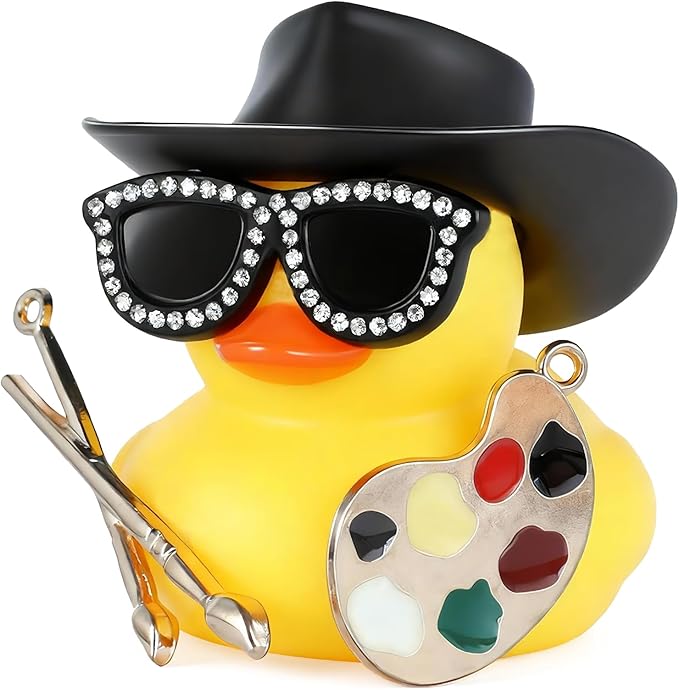 BOZILY Cowboy Hat RubberDuck - Rubber Duck Accessories with Hat, Glasses & Drawing Board, Multi-Purpose Decor for Car Dashboard and Desk, DIY Squeaky Gift for Adults, Art Lovers