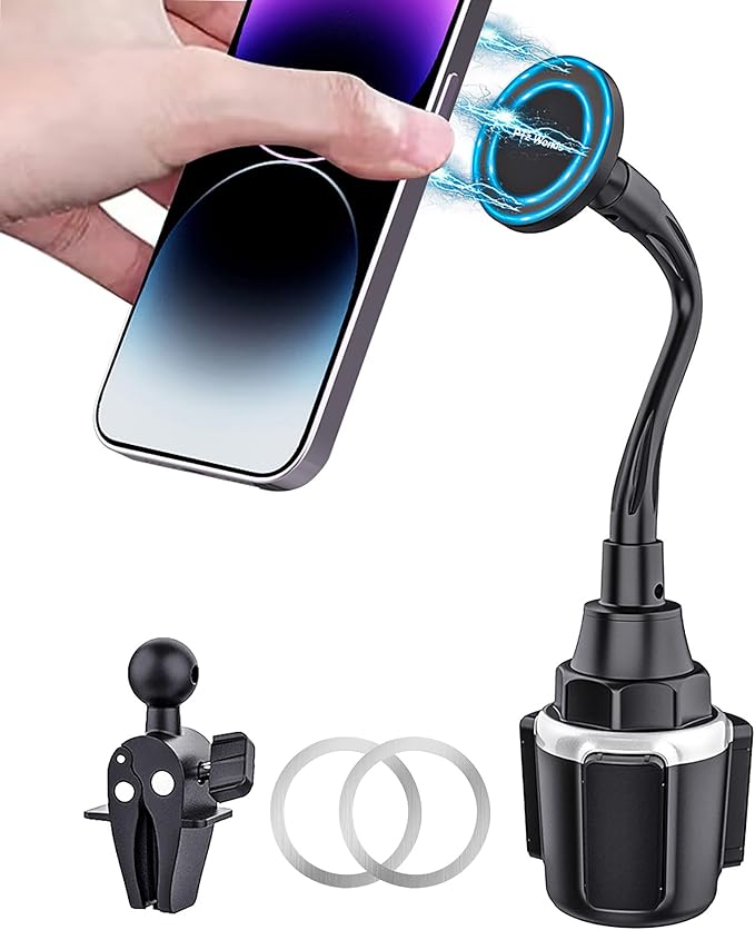 Cup Holder Phone Mount Magnetic - Designed for MagSafe Cupholder Car Mount, Super Strong Magnet for Cell Phone Cup Holders, Expandable Base, Flexible Gooseneck, Compatible with iPhone, Galaxy, Pixel