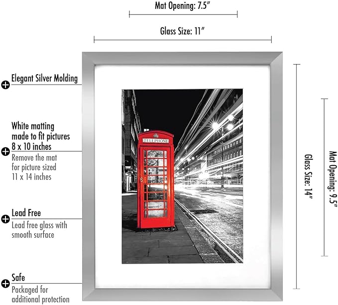 Americanflat 11x14 Picture Frame with Shatter-Resistant Glass - Set of 2 - Use as 8x10 Frame with Mat or Display 11x14 Photo Without Mat - Signature Collection - Picture Frames for Wall - Silver