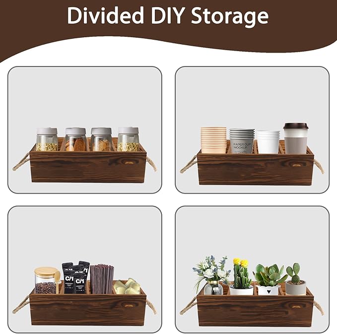 2 Pack Snack Organizer for Countertop, Brown Wooden Snack Basket with Handles, Pantry Organizer and Storage