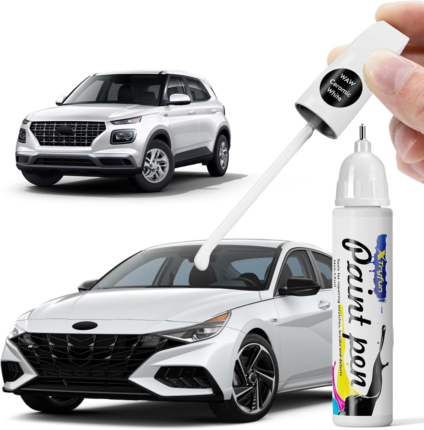 Ceramic White (WAW) Touch Up Paint Compatible with Hyundai, DIY Car Paint Scratch Repair, Automotive Paints, Quick & Easy Fix Scratch Repair for Elantra/Venue/Ioniq