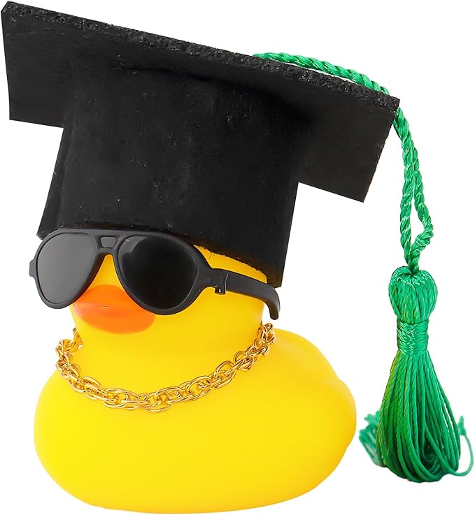wonuu Car Dashboard Decor Graduation Hat Rubber Duck, Car Ducks Ornaments with Mini Hat Necklace Sunglasses Scarf (Green)