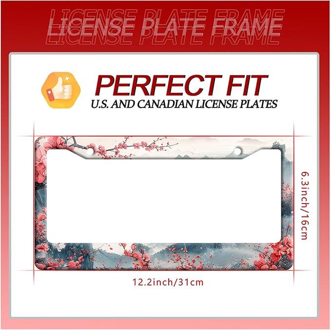 Watercolor Cherry Blossom License Plate Frame Pink Flowers License Plate Frames Funny Auto Accessory Bracket Stainless Steel Floral License Plate for Men Women 6.3 x 12.3 Inch