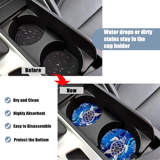 Sea Turtle Car Cup Holder Coaster - Blue Marble Absorbent Ceramic Coaster, Car Coasters for Cup Holders, Auto Accessories for Women & Men, Pack of 2