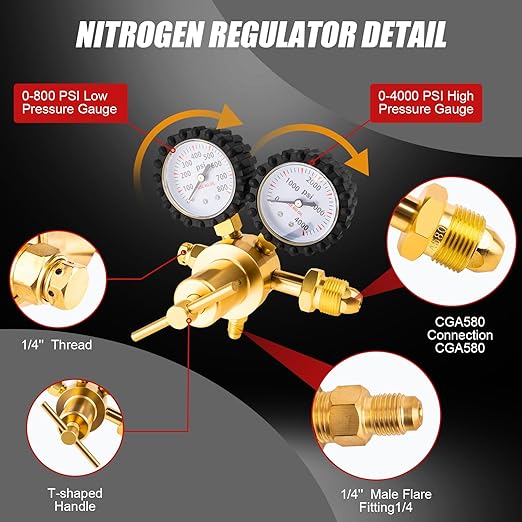 Siasky Nitrogen Regulator with 1/4-Inch Male Flare Outlet, 0-800 PSI Delivery Pressure, 78.7" Hose - Brass CGA580 Inlet, HVAC Nitrogen Tank Regulator Kit for AC Pressure Testing