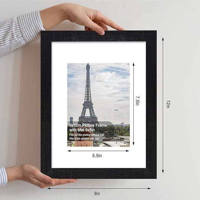 9x12 Picture Frame Set of 4, Made of Glass and Rustic Black Wooden Frame - Display Picture 6x8 with Mat or 9 x 12 Without Mat, 9 by 12 Photo for Wall or Tabletop