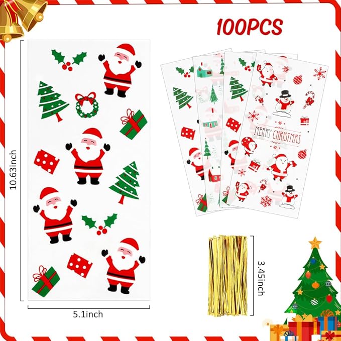 100 PCS Christmas Cellophane Treat Bags(5.1x10.6 Inch) with Ties Plastic Santa Goodie Candy Cookie Loot Gifts Bags Bulk Pouches for Christmas Party Favors Supplies Decorations Holiday Xmas Decor