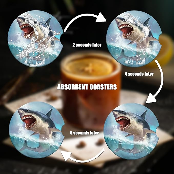 Car Cup Holder Coaster - Great White Shark Absorbent Ceramic Coaster 2 Pack, Car Coasters for Cup Holders, Fashion Car Interior Accessories Drink Coaster for Women & Men