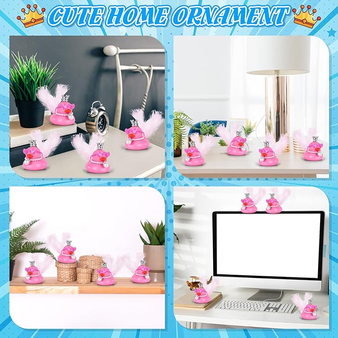 BOZILY Pink Rubber Duck with Crown, Wings, Pearl Necklace & Heart Sunglasses,DIY Cute Car Dashboard Decor Accessories, Gift for Car, Home, Desk (Includes Tapes)