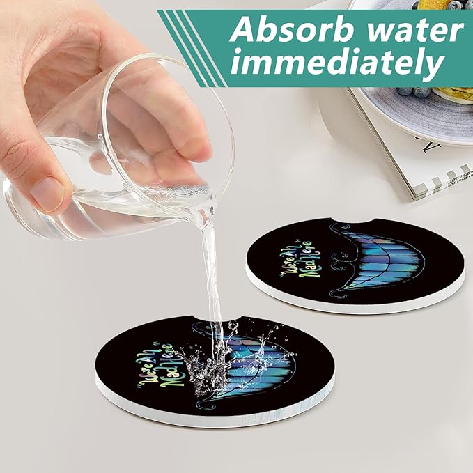 2 Pack Car Cup Holder Coasters - Halloween Alice Absorbent Ceramic Coaster, Car Coasters for Cup Holders, Car Interior Accessories for Women Men