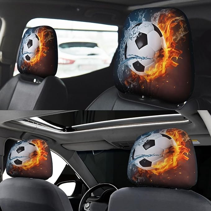 Dujiea 2 Pack Fire Water Soccer Lover Headrest Covers, Universal Soft Car Seat Head Rest Protectors, Vehicle Accessories Fabric Headrest Cover for Cars Vans Trucks