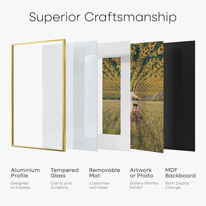 Homeforia A3 Picture Frame Gold, High End Metal 11.7 x 16.5 inch Poster Frames with Mat 8.3 by 11.7 for Photo, A3 Size Frames Matted to A4 Print, 11.7x16.5 Wall Hanging Frame, Tempered Glass, Set of 4