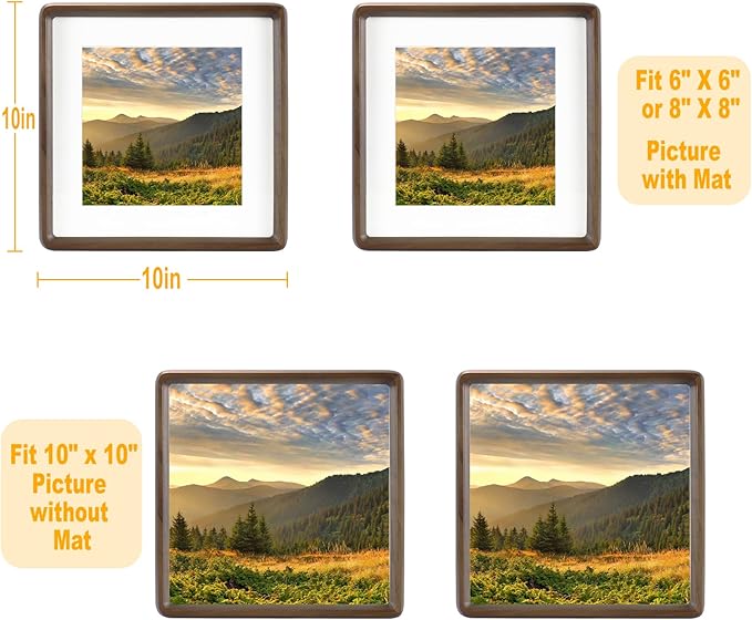 HELPLEX 10x10 Square Picture Frame – 2 Pack Solid Walnut Wood with Real Wood Back & HD Tempered Glass, Fits 6x6 or 8x8 Matted & 10x10 Unmatted Photos, Wall or Tabletop Display
