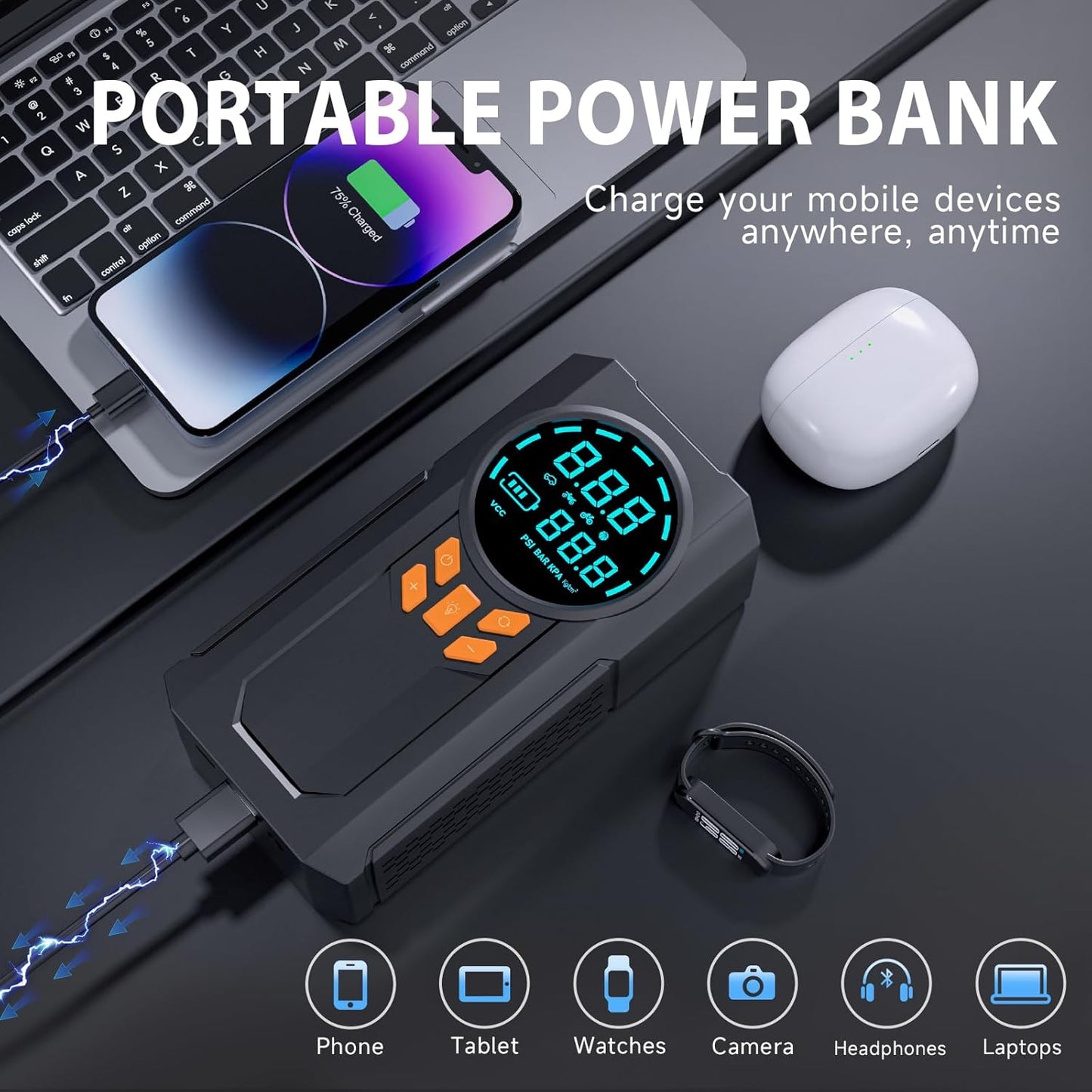 Jump Starter with Air Compressor, 5000A 160PSI Battery Jumper Starter Portable (9.0 Gas/8.0L Diesel), 12V Jump Box Car Battery Jump Starter with Smart Jumper Cables, LED Light, LCD Display