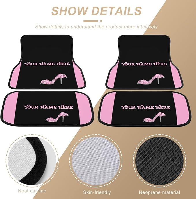 Pink High Heels Car Floor Mats 4 Pieces Custom Floor mats for Cars Personalized Car Mats for Women SUV Sedan Truck Van with Text and Name
