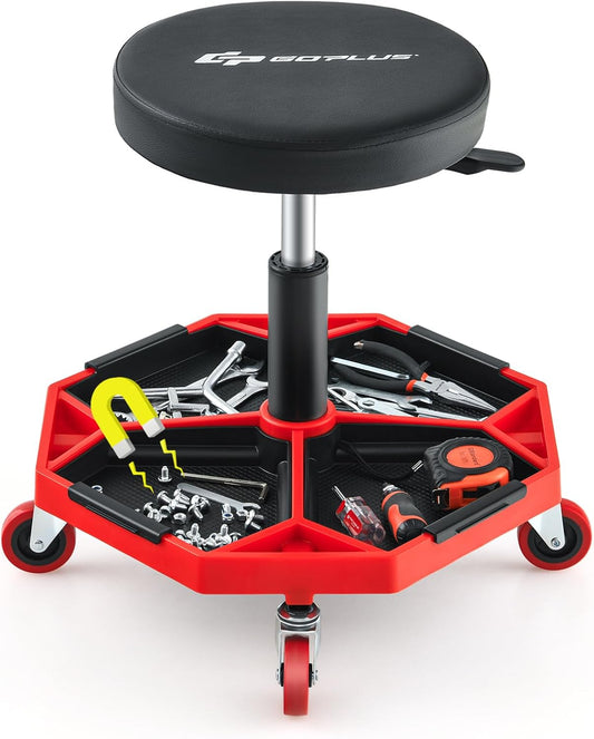 Goplus Garage Stool, 16”-22” Adjustable Rolling Mechanic Stool with Universal Wheels, Removable Magnetic Tool Tray, 2” Thick Padded Cushion, 330LBS Capacity, Roller Creeper Seat, Shop Chair