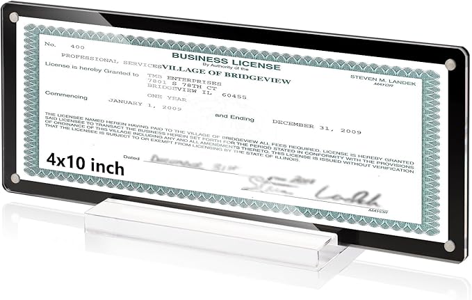 4x10 Business License Frame Magnetic Acrylic Business License Certificate Holder with Base Black Panoramic Photograph Picture Frame for Desk House Office Hotel Tabletop