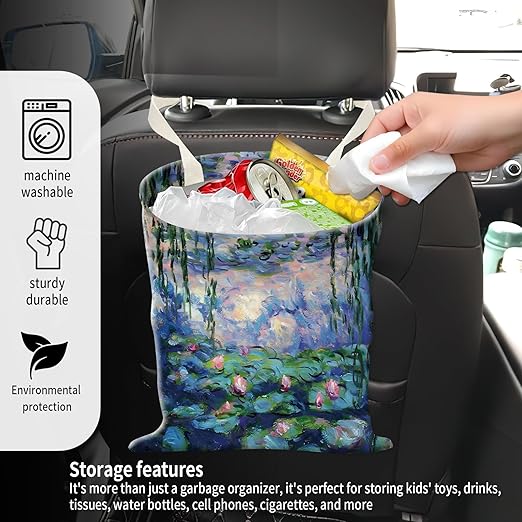Car Garbage Can, Seat Back Hanging Cute Car Trash Can Bag, Car Organizer and Storage Bag for Travelling, Outdoor Watercolor Water Lily