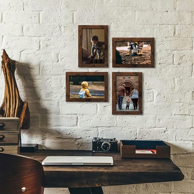 KINLINK 4x6 Picture Frame Rustic Brown Set of 4, Wooden Photo Frames with Plexiglass for 4x6 without Mat for Table and Wall Display