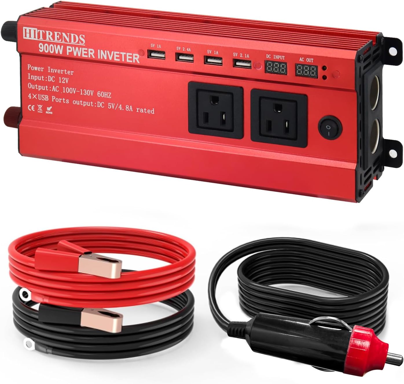 HITRENDS 900W Car Power Inverter 12V to 110V, DC to AC Converter with 4 USB Ports (24W Quick Charge) & 2 AC Outlets, for Camping, RV, Laptop, CE, FCC and ROHS Certified