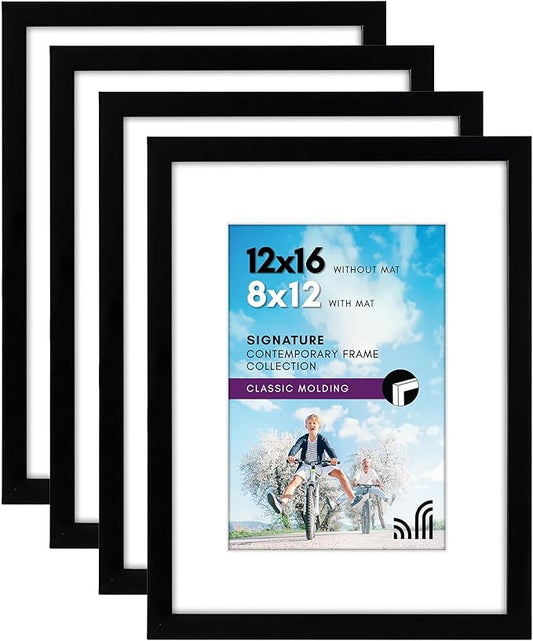 Americanflat 12x16 Picture Frame with Shatter-Resistant Glass - Set of 4 - Use as 8x12 Frame with Mat or Display 12x16 Photo Without Mat - Signature Collection - Picture Frames for Wall - Black