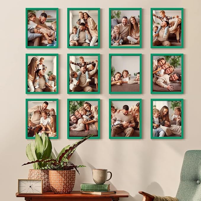 Renditions Gallery Set of 12, 11X14 Custom Photo Prints with Real Wood Picture Frames. Create Personalized Photos with Peel & Stick Photo Frames. Green Frame