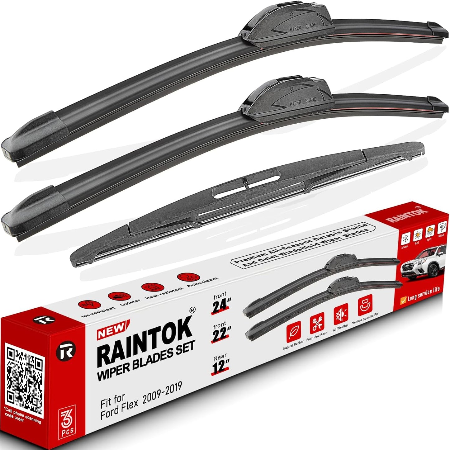 Windshield Wiper Blades Replacement for Ford Flex 2009 2010 2011 2012 2013 2014 2015 2016 2017 2018 2019 Original Factory Quality Front Rear Wipers Blade Set - 24" 22" 12" (Pack of 3)