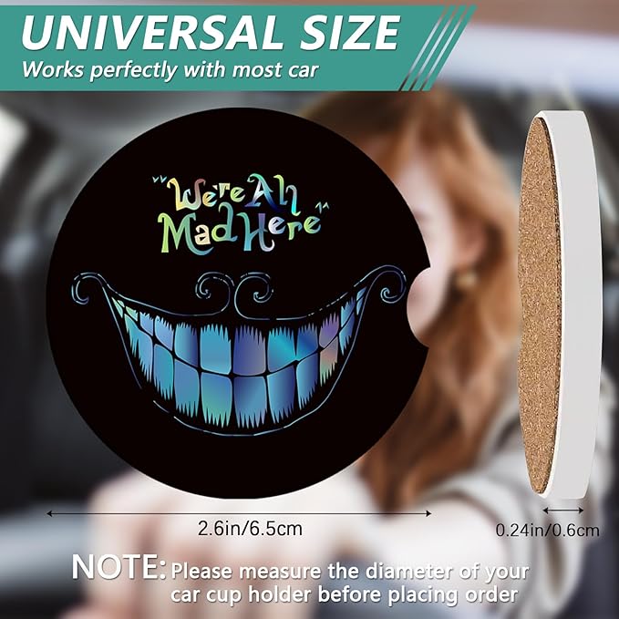 2 Pack Car Cup Holder Coasters - Halloween Alice Absorbent Ceramic Coaster, Car Coasters for Cup Holders, Car Interior Accessories for Women Men