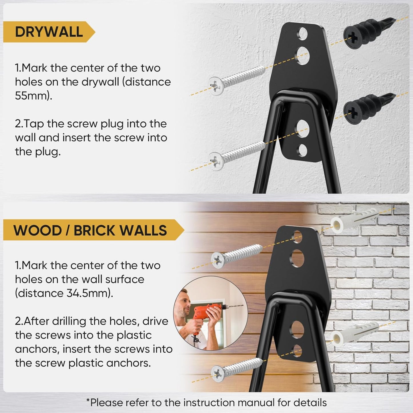 TICONN 2 Pack Heavy Duty Garage Hooks, Steel Utility Wall Storage Hooks, Wall Mount Hanger Organizer for Ladders, Bikes, Tools, Bulky Items (Medium, Yellow Square)