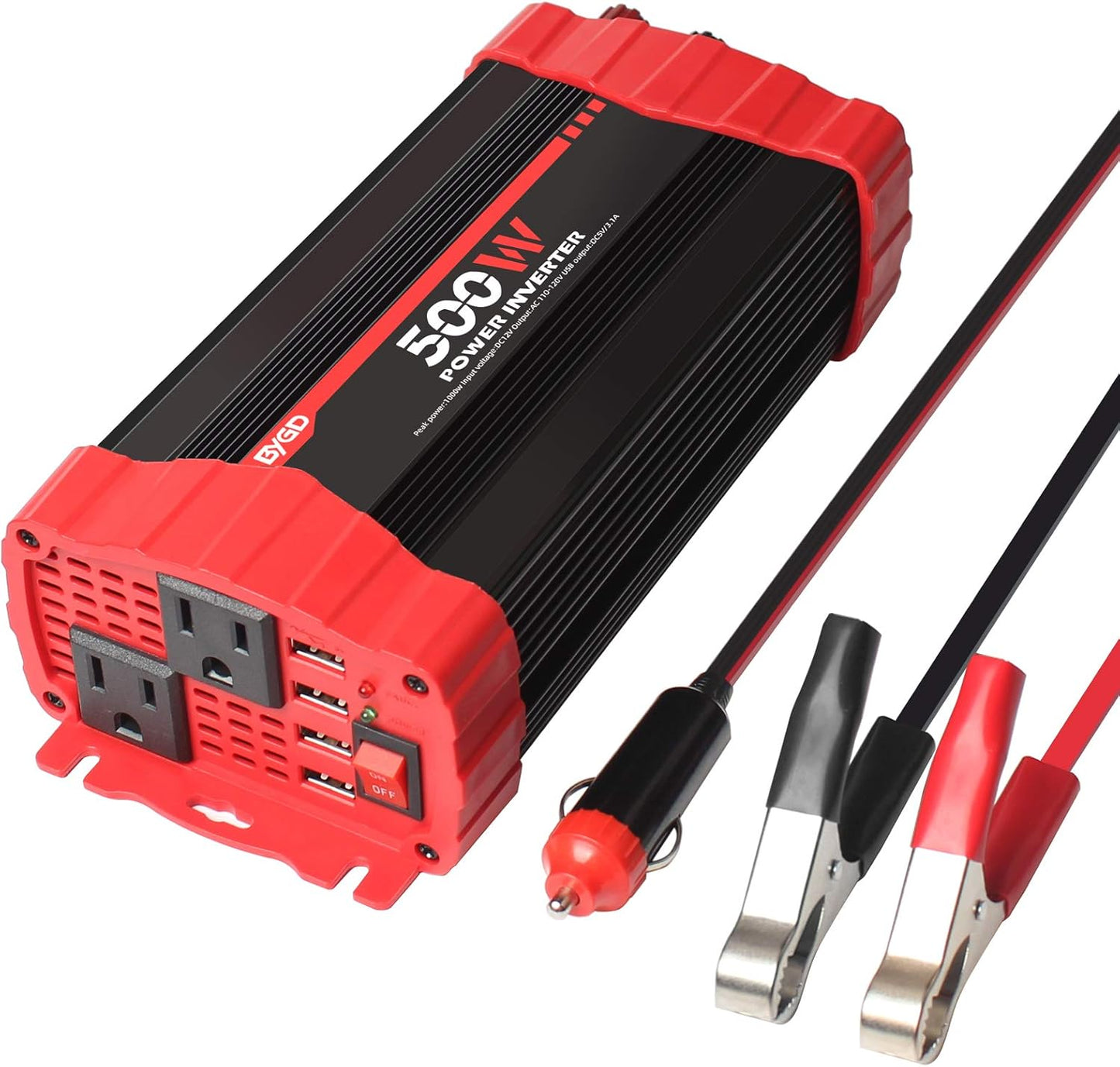 BYGD 500W Power Inverter, Car Charger Adpater DC 12V to AC 110V Car Power Converter 4 USB Quick Charging Ports and Dual AC Outlets Car Charger Adpater with Cigarette Lighter Cable and Battery Clamps