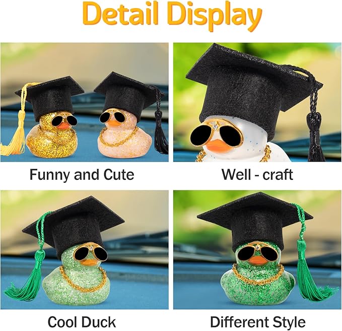 wonuu Car Dashboard Decor Graduation Hat Color Rubber Duck, Car Ducks Ornaments with Mini Graduation Hat Necklace Sunglasses (Light Green)
