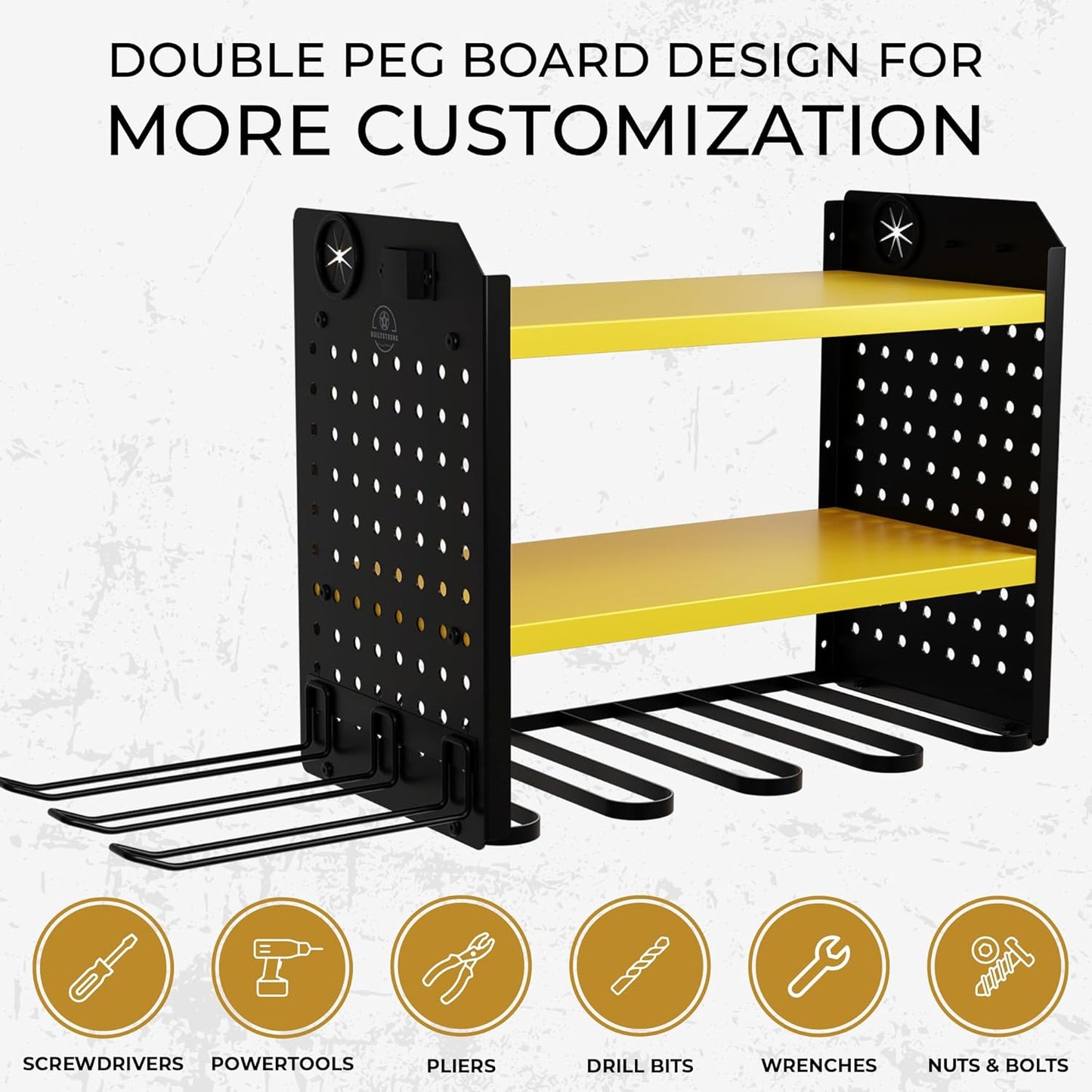 Power Tool Organizer - 6 Drill Holder Wall Mount, 3 Tier Heavy-Duty Hand Storage Rack, Utility Racks, 2 Pegboard Sides - Garage Cordless Organizer (Yellow)