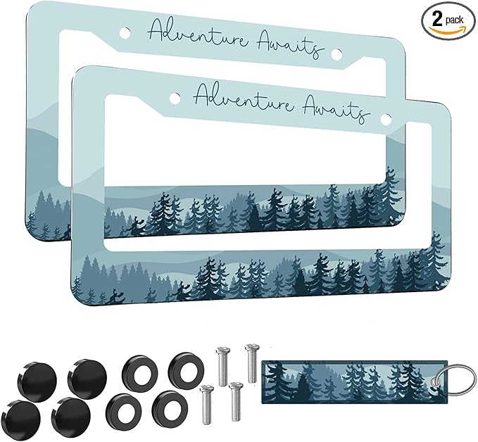 2pcs Mountain Adventure Awaits License Plate Frame for Women,Natural Pine Forest Mountain Horizon Landscape car Decorative tag Frames Girly,Blue Botanical License Plate Cover Holder with Keychain tag