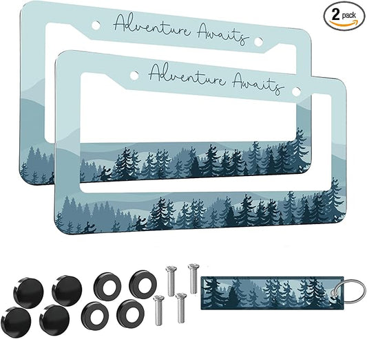 2pcs Mountain Adventure Awaits License Plate Frame for Women,Natural Pine Forest Mountain Horizon Landscape car Decorative tag Frames Girly,Blue Botanical License Plate Cover Holder with Keychain tag
